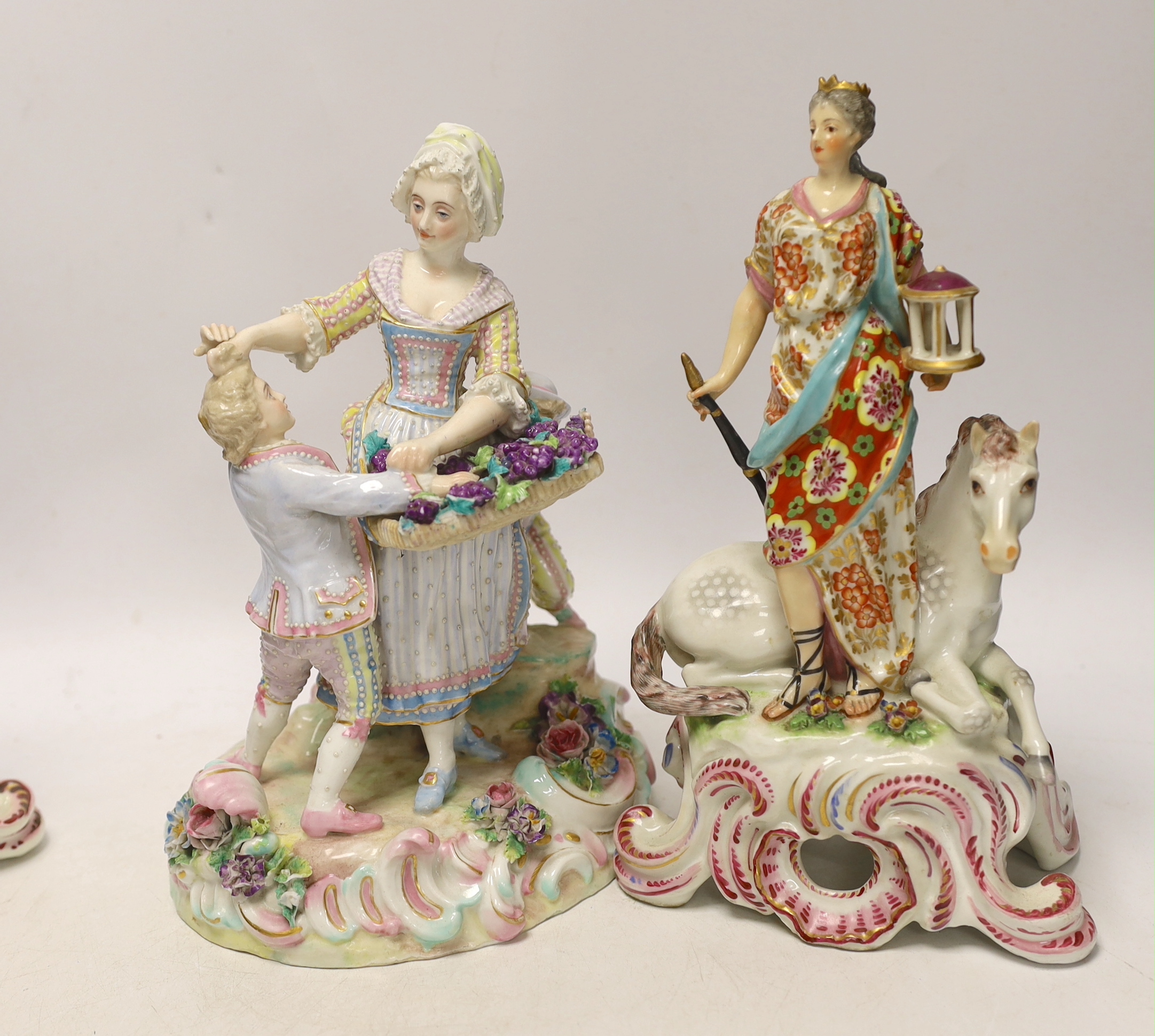 Three 19th century Continental porcelain figure groups, largest 27cm high, to emblematic of two of the continents